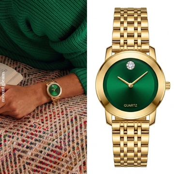 Sophisticated Elegance: A Green Round Dial and Its Full Gold-Tone Bracelet