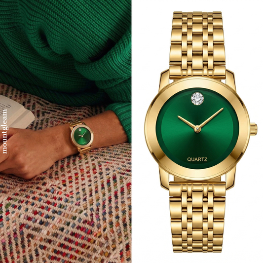 Sophisticated Elegance: A Green Round Dial and Its Full Gold-Tone Bracelet