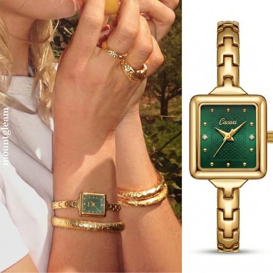 Luxury Green Dial Watch Women – Square Gold Minimalist Design