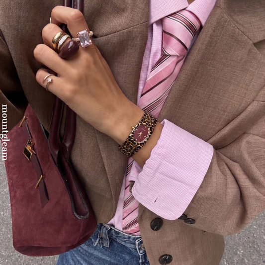 Geometric Fusion: Red Oval Dial Watch with Brown Rectangular Bezel & Brown Stainless Steel Bracelet