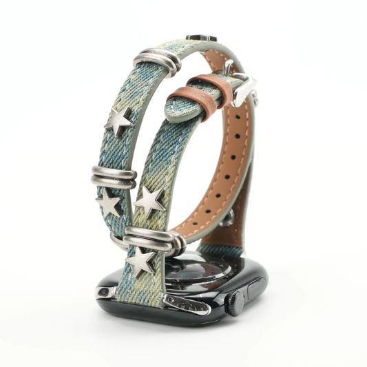 Vintage Distressed Denim Apple Watch Band Double Tour Strap with Silver Star Studs