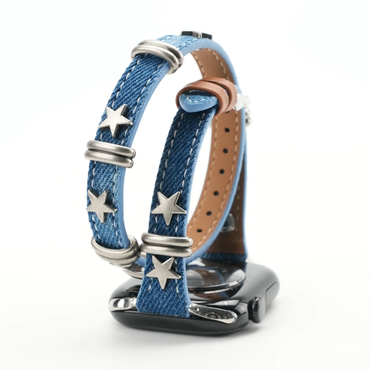 Vintage Distressed Denim Apple Watch Band Double Tour Strap with Silver Star Studs