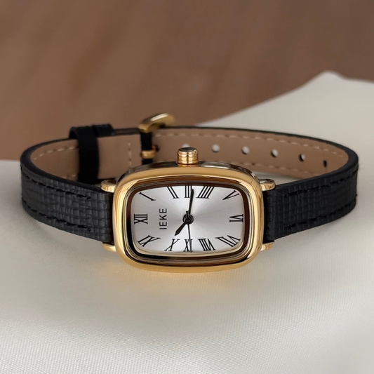 Understated Luxury: White Rectangular Dial Watch with Gold Rectangular Bezel & Black Genuine Leather Strap