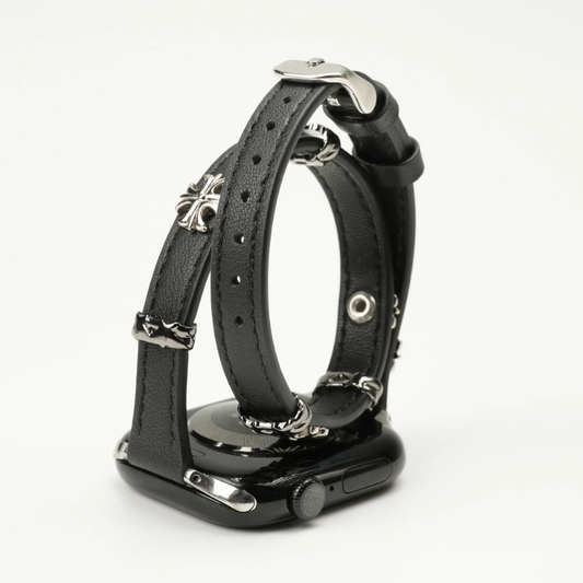 Chrome Studded Double-Wrap Genuine Leather Apple Watch Band – Vintage Punk Style iWatch Strap