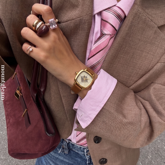 Brown Women Square Dial Watch Slim Genuine Leather Strap Gold Case Geometric Face Quartz Light Luxury Exquisite – Terra