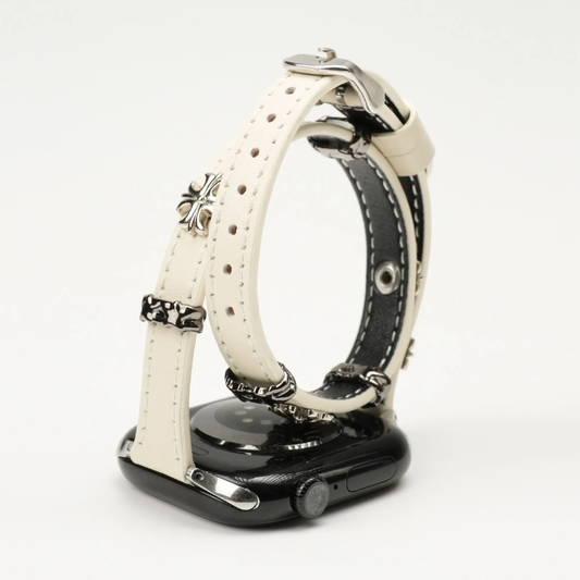 Chrome Studded Double-Wrap Genuine Leather Apple Watch Band – Vintage Punk Style iWatch Strap