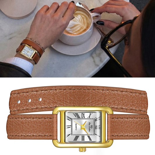 Modern White Rectangle Gold Case Brown Leather Dual Loop Quartz Watch