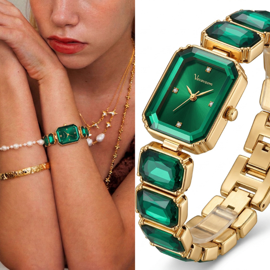 Modern Chic: Green Rectangle Dial with Gold Bezel & Green Gemstone Inlaid Bracelet