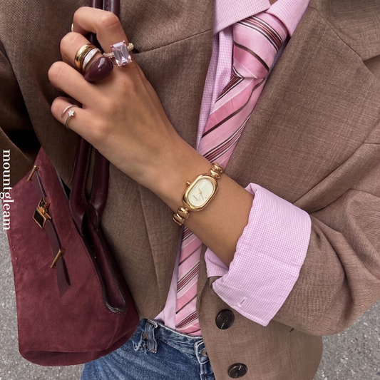 Bracciale in perline d'oro: orologio orologio ovalo ovalo da donna