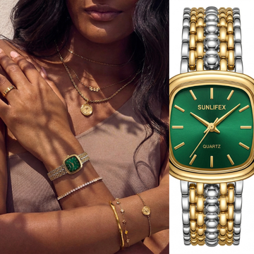 Elegant Rectangle Green Dial Gold Case with Gold-Silver Alloy Band | Quartz Movement