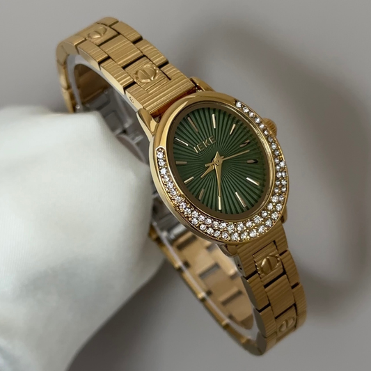 Diamond Sparkle: Green Oval Dial Watch with Gold Diamond Bezel & Gold Stainless Steel Bracelet