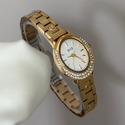 Versatile Elegant: White Oval Dial Watch with Gold Diamond Bezel & Gold Stainless Steel Bracelet