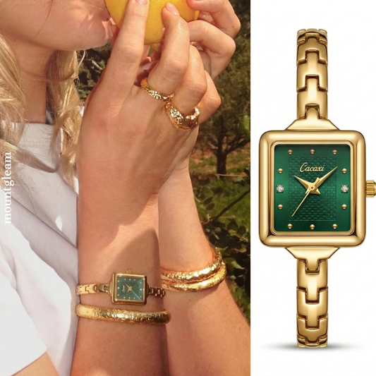 Luxury Green Dial Watch Women – Square Gold Minimalist Design