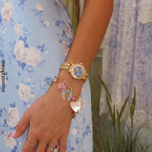 Women’s Blue Dial Gold Watch – Vintage Quartz Bangle Watch