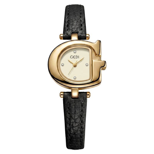 Vintage Gold Horseshoe Watch with White Dial & Slim Black Leather Strap