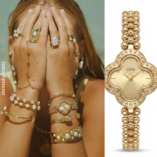 Vintage Glamour: Lucky Gold Clover Dial Watch with Gold Alloy Clover Bracelet
