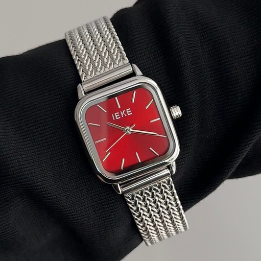 Modern Elegance: Red Rectangular Dial Watch with Silver Bezel & Stainless Steel Bracelet