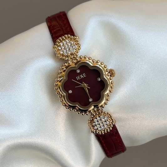 Floral Opulence：Red Camellia-Shaped Dial Watch with Gold Diamond-Set Bezel & Red Leather Strap