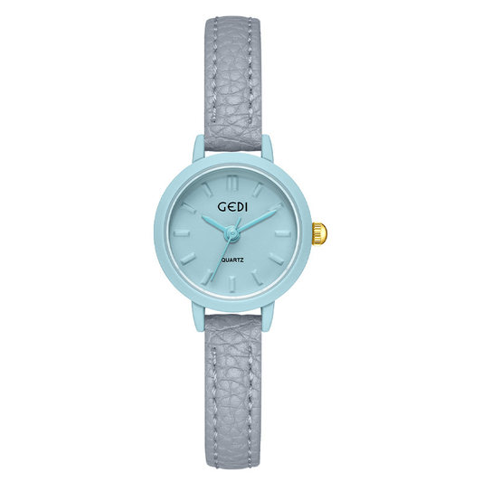 Women's Quartz Watch with Slim Gray Leather Strap & Blue Round Dial | Elegant Blue Case Dress Watch
