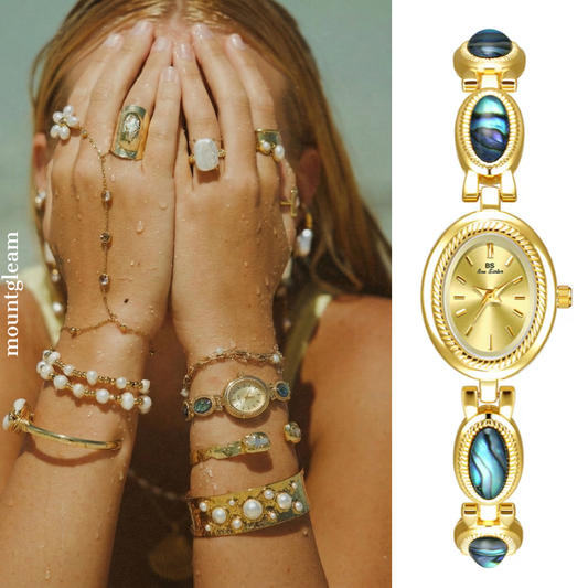 Gold Bracelet Style with Abalone Shell Inlay and Vintage Oval Dial Women’s Quartz Watch