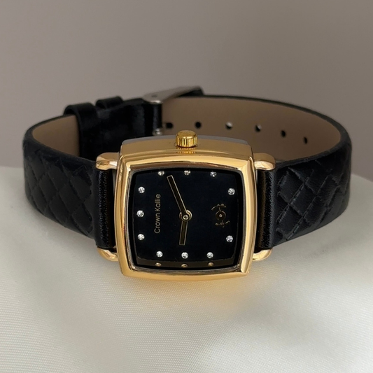 Timeless Chic: Black Rectangular Dial Watch with Gold Bezel & Black Leather Strap