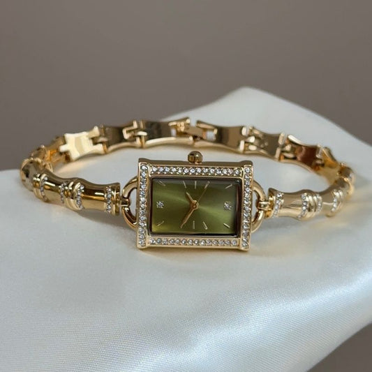 Natural Elegance：Green Square Dial Watch – Gold Square Case & Gold Stainless Steel Bamboo-Link Band Quartz