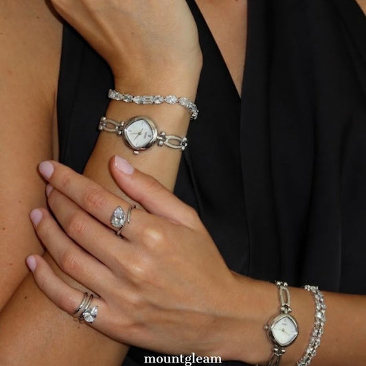 Geometric Rhombus: White Rhombus Dial Watch with Silver Round Bezel & Silver Alloy Openwork Bracelet