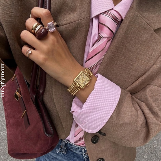 Romantic French Vintage Quartz Watch: Gold Bead Bracelet & Rectangle Roman Dial - Versailles Bloom