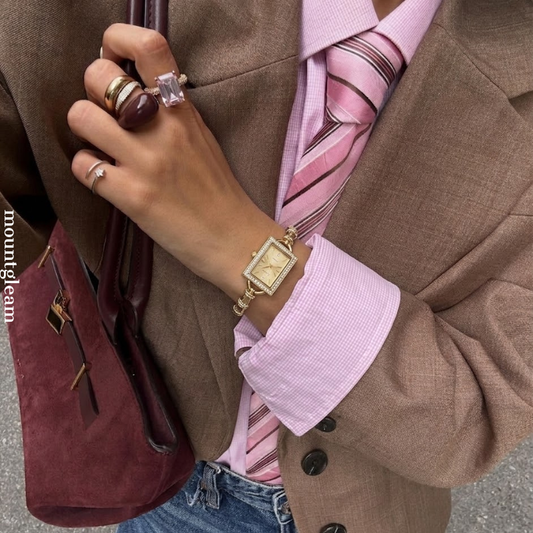 Gilded Elegance: Gold Rectangular Dial Watch with Matching Bezel & Bamboo-Segment Stainless Steel Bracelet
