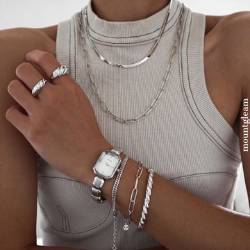 Geometric Elegant: White Rectangular Dial Watch with Silver Cut Square Link Bracelet