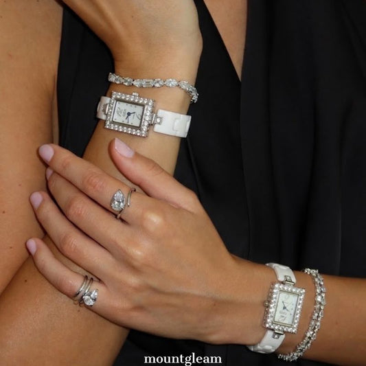 Minimalist Luxe White Rectangular Dial Watch – Silver Diamond Bezel & Ceramic Bracelet Quartz