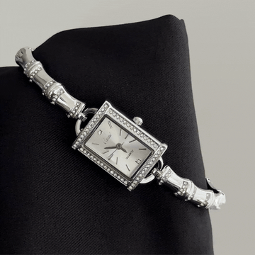 Modern Minimalist: Silver Rectangular Dial Watch with Silver Bezel & Bamboo-Segment Chain Bracelet