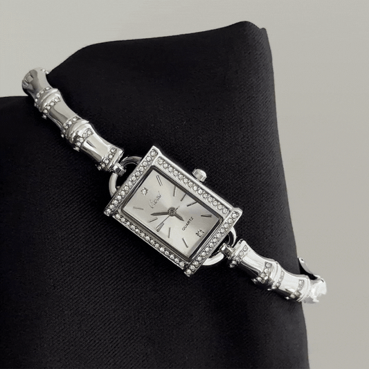 Modern Minimalist: Silver Rectangular Dial Watch with Silver Bezel & Bamboo-Segment Chain Bracelet