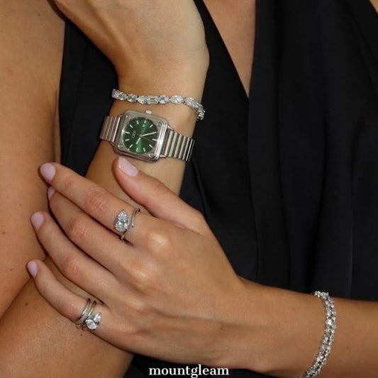 Geometric Elegance: Green Round Dial Watch with Silver Rectangular Bezel & Stainless Steel Bracelet