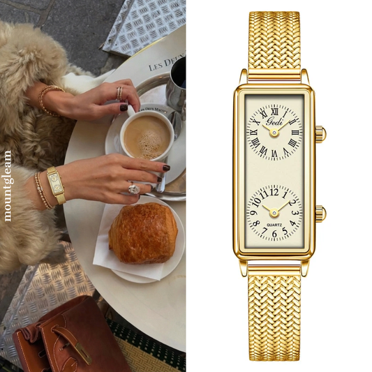 Orologio in quarzo a mesh oro per donne - design a doppio quadrante con faccia d'oro