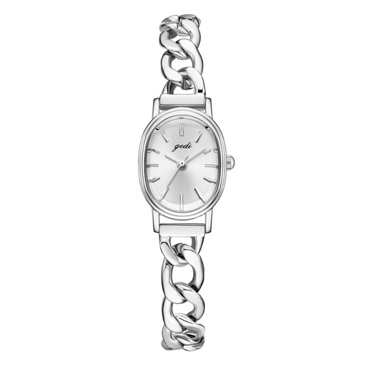 Silver Chain Bracelet Quartz Watch for Women – Oval Grey Dial, Elegant & Modern
