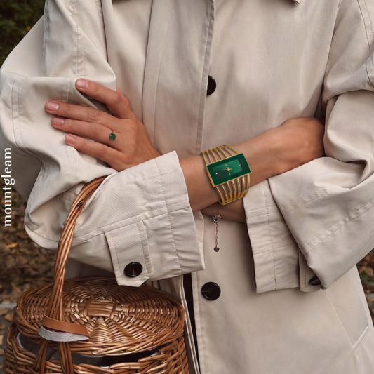 Gilded Cuff: Green Elongated Rectangular Dial Watch with Gold Rectangular Bezel & Gold Stainless Steel Cuff Bracelet
