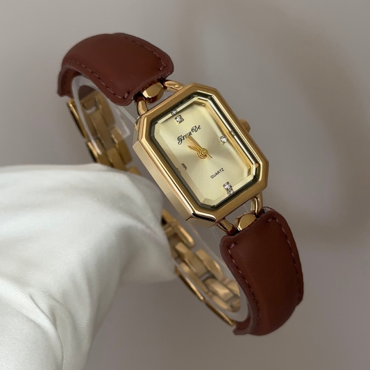 Refined Modern: Gold Rectangular Dial Watch with Gold Square Bezel & Brown Leather Strap