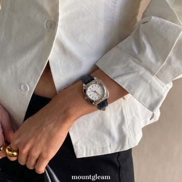Black Women’s Watch – Silver Square Case with White Round Dial & Leather Strap | Nova