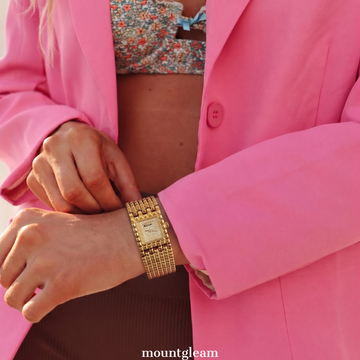 Architectural Elegance: Gold Rectangular Diamond Dial Watch with Gold-Tone Bezel & Steel Bracelet