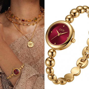 Damen-Quarzuhr mit goldenem Perlenarmband – rundes rotes kleines Zifferblatt