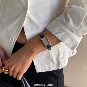 Vintage Artisan Rectangular Watch: Black Leather Strap with Silver Dial