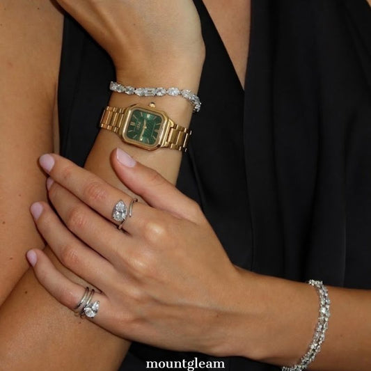 Vintage Luxe: Emerald Square Dial Watch with Gold Bezel & Stainless Steel Bracelet