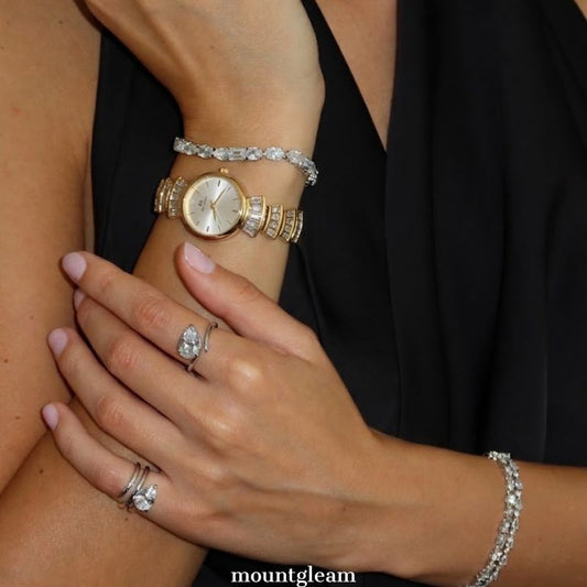 Glamour Elegant: White Round Dial Watch with Gold Diamond Bezel & Diamond Bracelet