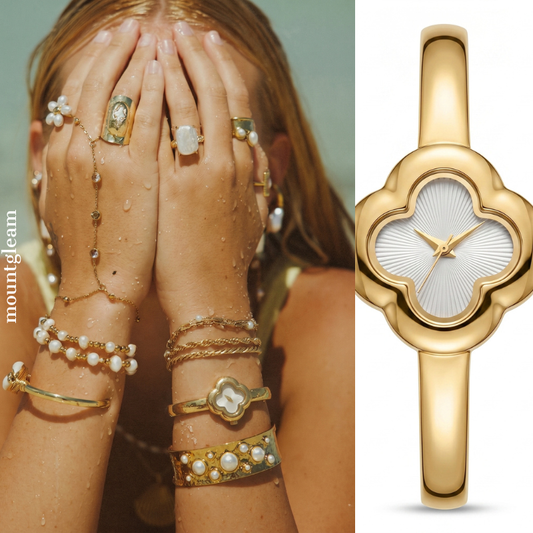 Feminine Elegance: White Clover-Shaped Dial with Gold Clover Bezel & Gold-Tone Bracelet
