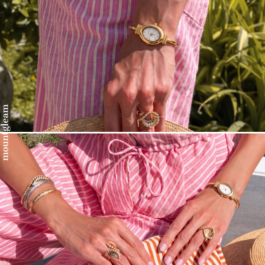 Oval Elegance: White Oval Dial Watch with Gold Bezel & Gold Chain Bracelet