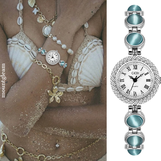 Aqua Blue Cat’s Eye Stone Inlay with Bracelet Design Women’s Quartz Watch