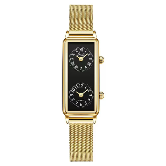 Classic Style Dual Time - Black Gold Rectangle Case, Wheat Strap | Vintage Quartz