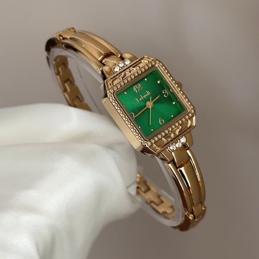 Gilded Glamour: Green Square Dial Watch with Gold Chain Bracelet
