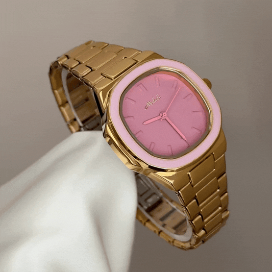 Modern Luxe: Pink Rectangular Dial Watch with Gold Stainless Steel Bracelet